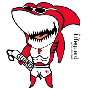 t-shirt design of red personified shark dressed as a lifeguard